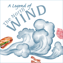 Blown by the wind, a cloud, a picnic blanket, a sandwich, and some bacon, fly through the air.