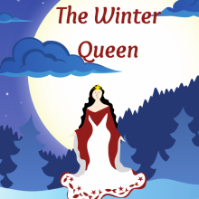 A magical queen dressed in red and white stands in a snowy night forest in front of a full moon.