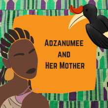 Woman with cornrow braids and large gold earrings holding a purple yam, black hornbill bird, purple and green south African print in the background
