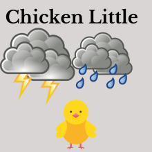 A small, yellow chicken is standing underneath two storm clouds with lightening and rain against a grey background.