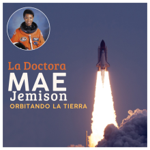 Rocket ship blasting off against a blue sky with a headshot of Dr. Mae Jemison, African American women in an orange spacesuit, in the upper left corner 