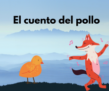 A yellow chick is looking at a red fox. The fox is surrounded by music notes and appears to be whistling and dancing. 