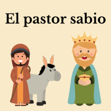 A shepherd boy stands next to a donkey with a king in green and blue robes.