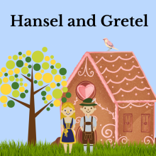 Hansel and Gretel in old fashioned clothes standing in front of a house made of candy with a big heart in the middle and a bird on the roof.