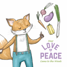 Red fox wearing blue pants and suspenders looks at vegetables in the air next to him. Image by Storynory.com.