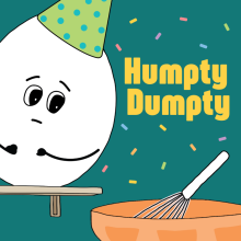 An anthropomorphic egg wearing a party hat looks nervously at a mixing bowl. 