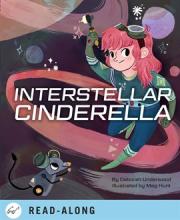 Illustration of a red-headed girl wearing a space suit and goggles, holding a futuristic tool. There is also a robotic mouse by her feet.