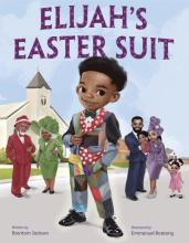 Book cover shows young black boy in colorful patchwork suit with church building in the background.