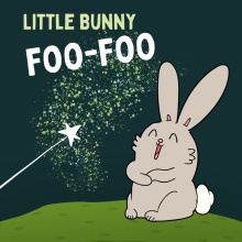 Gray rabbit laughs and looks toward a star-topped wand with a cloud of fairy dust behind it