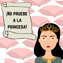 Princess with a golden crown and necklace with a background of pink pillows
