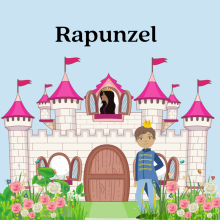Rapunzel letting her long hair down in the window of a large pink castle with flowers and a happy prince waiting for her.