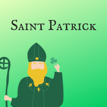 A saint with a yellow beard and a green robe holds a shamrock