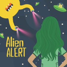 a girl with green hair looks at an alien.