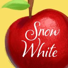 the words "snow white" are superimposed over a large red apple over a yellow background