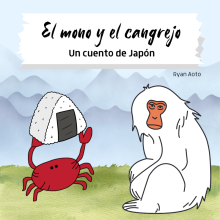 a red crab holds a ball of rice wrapped in seaweed, while a white japanese macaque looks on 