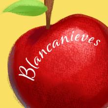 the word "Blancanieves" is superimposed over a shiny red apple.