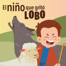 Boy in a red robe is laughing and standing next to a sheep and a wolf