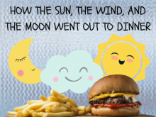 The sun, the moon, and the wind eating a hamburger and French fries