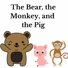 A bear, pig, and monkey stand next to each other.