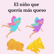 Fairies with colorful hair against a pink background with cheese underneath them.