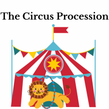 A lion is hopping through a hoop in front of a red and white striped circus tent.