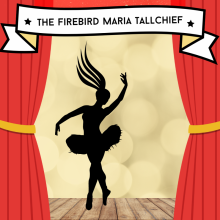 Silhouette of a dancing ballerina with a tutu and a feather headpiece surrounded by red curtains
