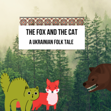 A lime green cat arching its back is next to a red fox. There is a forest in the background and a brown bear's head can be seen growling at the other two animals.