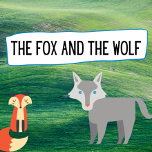 A red fox and a grey wolf on a green hilly background.
