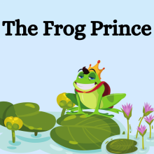 A  frog with a crown and a red cape sitting on a lily pad in a pond with water flowers.