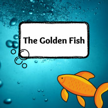 A gold fish with a blue water background. Image by storynory.com.
