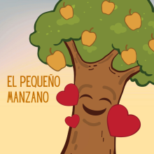 An anthropomorphic cartoon apple tree smiles, surrounded by red heart-shapes. 