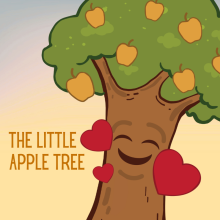 A cartoon apple tree with a smiley face on its trunk, surrounded by red heart shapes.