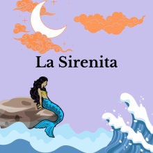 A mermaid with a blue fin sits on a rock and looks toward the sea and crashing waves.