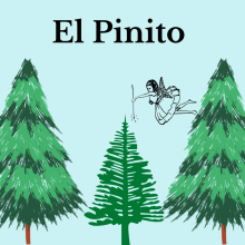 A little pine tree is between two lush pine trees with a fairy flying overhead