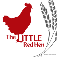 A red silhouette of a chicken, and a few stalks of wheat, over a white background.