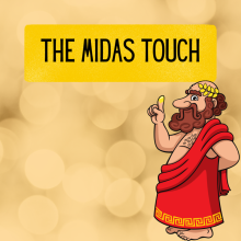 King Midas wears a red toga and points upward with a gold-tipped finger.