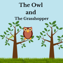 An owl perched on a tree branch with a grasshopper approaching.