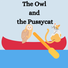 An owl and a pussy cat on a red boat sailing away in the blue sea.