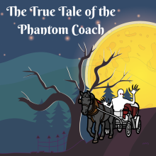 A coach with a black horse that a phantom is driving on a dark road beside a barren tree underneath a yellow full moon.