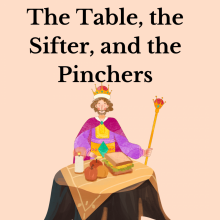 A king in bright purple robes is sitting in front of a table with a food spread on top. 