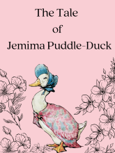 A white duck wearing a blue bonnet and a pink cape stands between pink blossoms. 