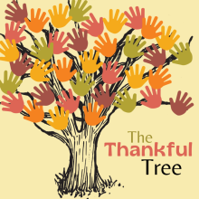 Brown tree with branches that extend out. The tree has orange, red, green and brown hand prints as leaves. The bottom reads "The Thankful Tree."