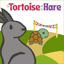 A hare looks on while a tortoise approaches a finish line.