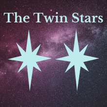 Two big blue stars next to each other against a purple starry sky.