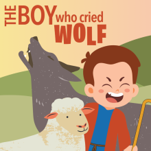 A shepherd boy stands next to a sheep, yelling. Behind them, a wolf howls.