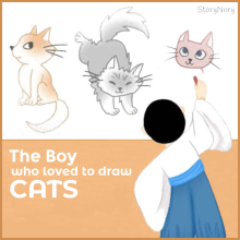 Boy draws pictures of cats on a white screen. Image from storynory.com