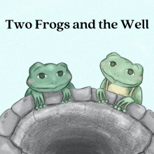 Two cartoon frogs peer over the side of a stone well. Image by storynory.com.