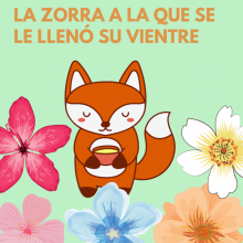 A fox holds a cup of tea surrounded by colorful flowers against a sea foam green background.