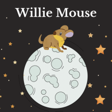 A little mouse is standing on top of the white moon against a dark sky with stars scattered across the sky.