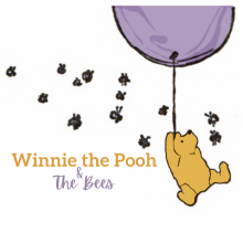 Winnie the Pooh, a yellow bear, is holding the string of a balloon and floating. He is surrounded by bees. 